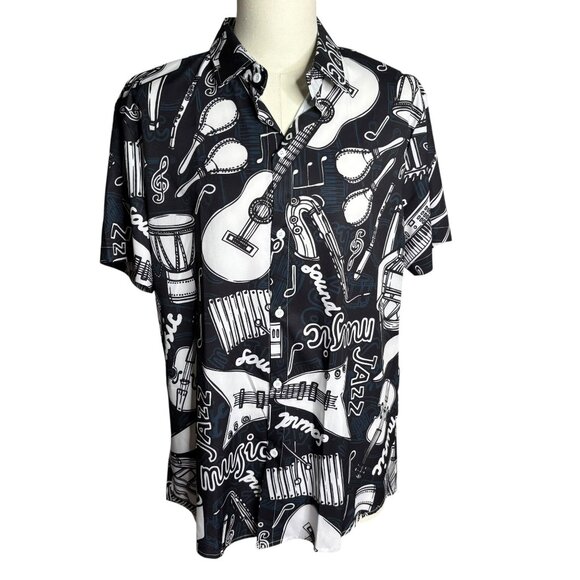 Manfinity Music Themed Button Up Shirt Large Black White Short Sleeve Hawaiian - Picture 1 of 7